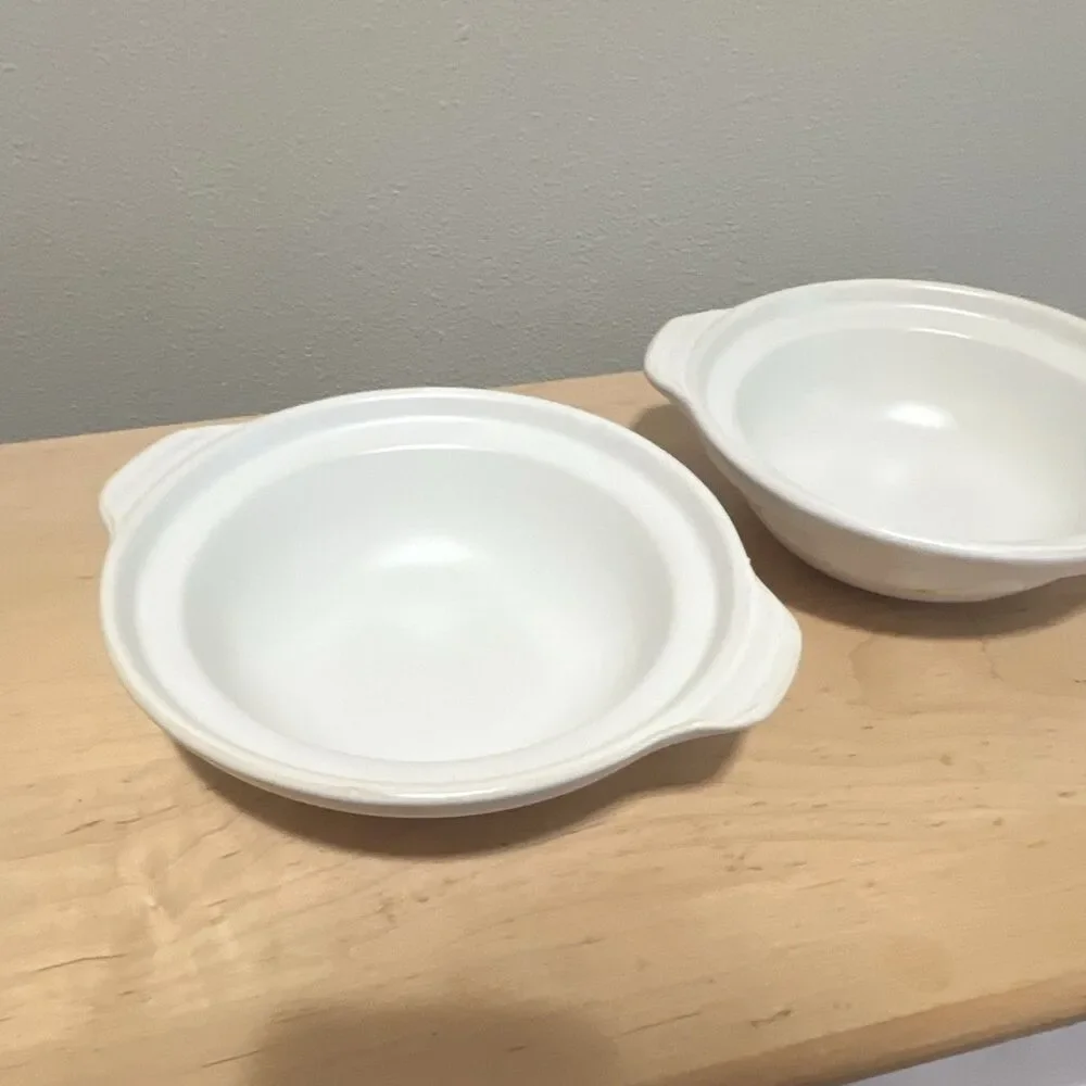 2 Round White Casserole Dishes w/ Lids, Vegetable Pattern, Glossy Finish Donabe